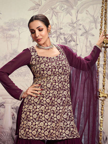 Dhiyona IN Floral Embroidered Square Neck Long Sleeve Sequinned Kurta Set With Dupatta