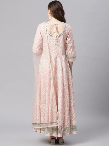 Dhiyona KL Bandhani Printed Thread Work Pure Cotton Anarkali Kurta & Trousers With Dupatta