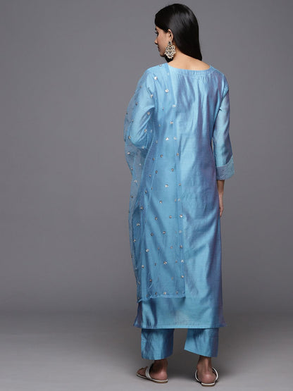 Blue Floral Embroidered Chanderi Silk Kurta With Trousers & Dupatta