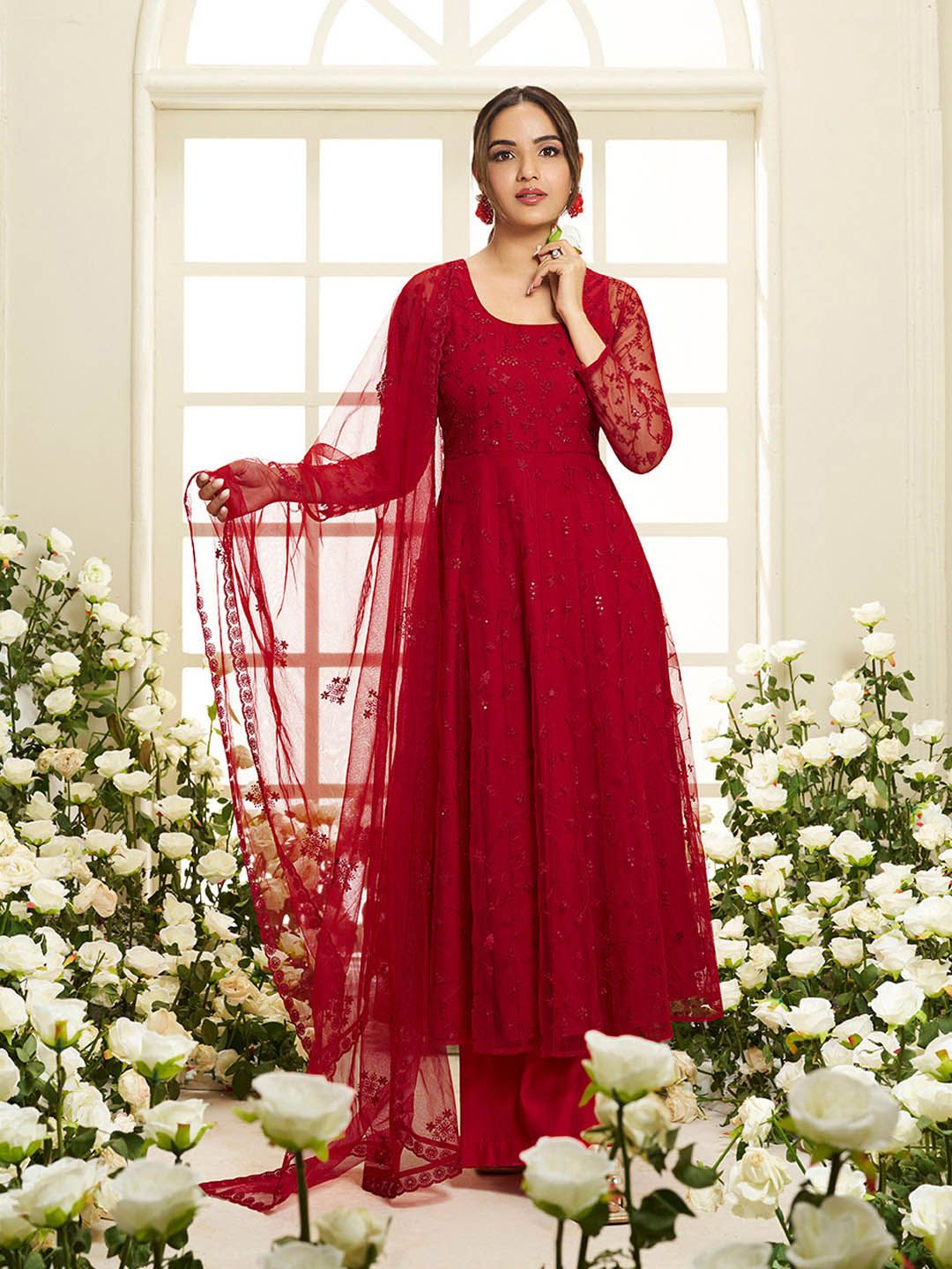 Dhiyona IN Floral Embroidered Round Neck Sequinned Anarkali Kurta With Palazzos & Dupatta