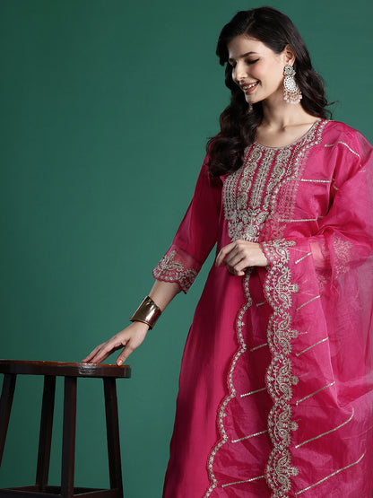 Women Ethnic Motifs Embroidered Zari Liva Kurta With Trousers & Dupatta