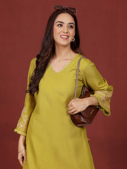 Lime Green Floral Embroidered V-Neck Thread Work Straight Kurta With Trousers