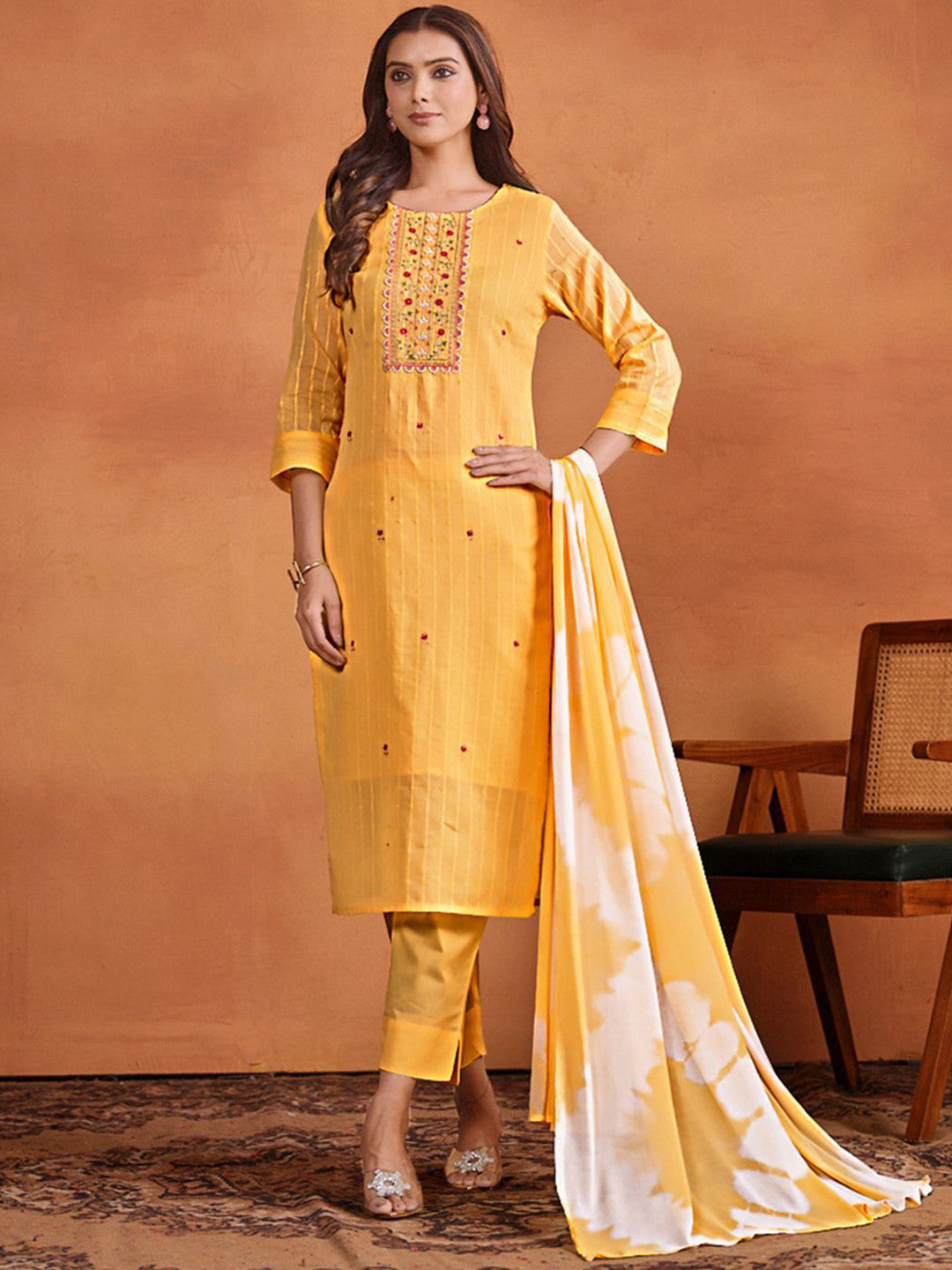 Women's Pure Cotton Straight Embroidered Kurta Pant With Dupatta Set