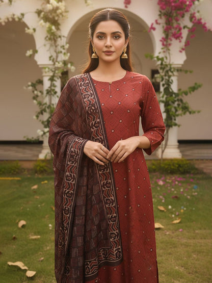 Dhiyona KL Geometric Printed Straight Kurta With Trousers & Dupatta