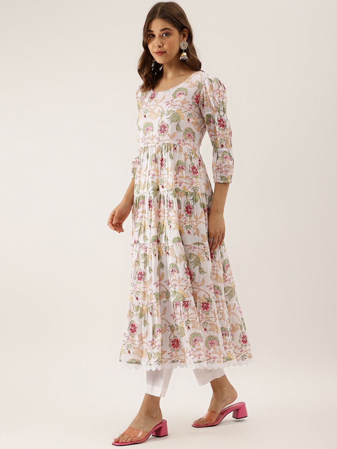 Dhiyona KL Floral Printed Puffed Sleeves Pure Cotton Anarkali Kurta & Trousers With Dupatta
