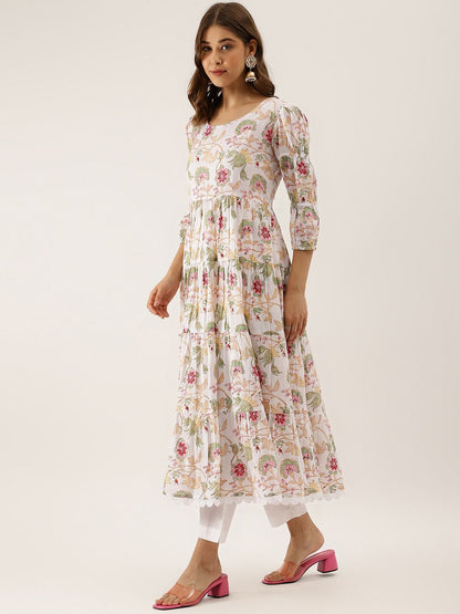 Dhiyona KL Floral Printed Puffed Sleeves Pure Cotton Anarkali Kurta & Trousers With Dupatta