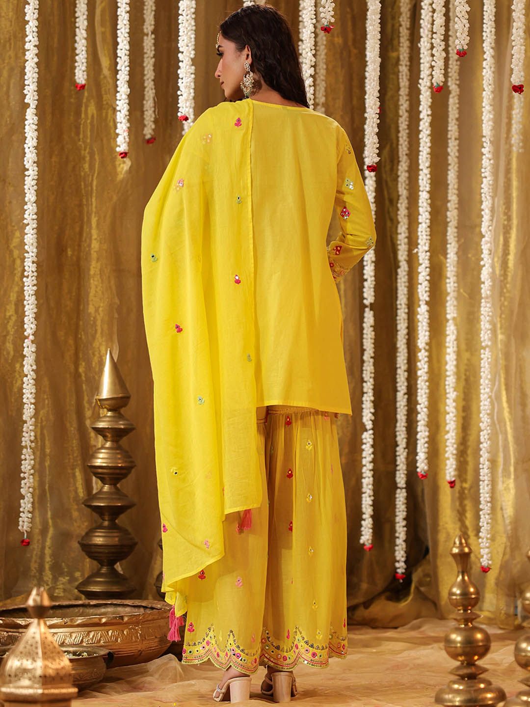 Dhiyona SC Ethnic Motifs Embroidered Pure Cotton Straight Kurta & Sharara With Dupatta