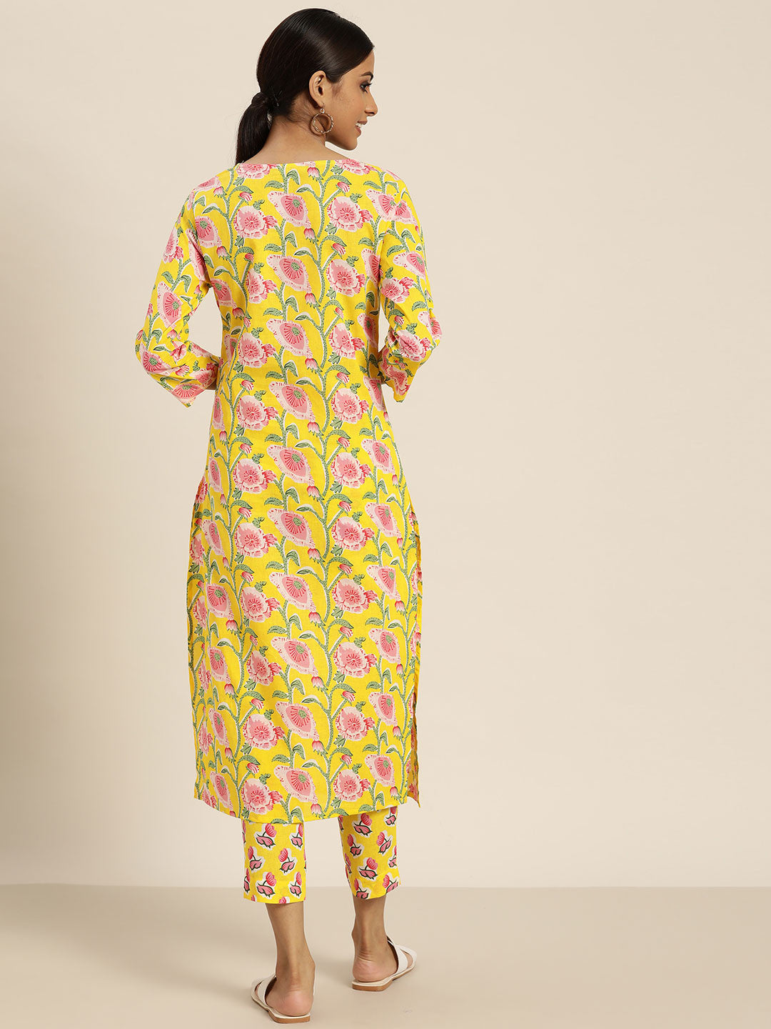 Women Yellow & Pink Ethnic Motifs Printed Cotton Kurta with Trousers