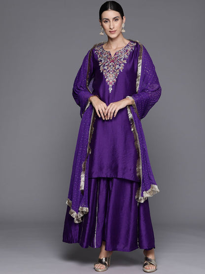 Dhiyona VA Women Floral Yoke Design Sequinned Chanderi Silk Kurta with Palazzos & Dupatta