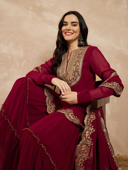 Dhiyona IN Marron & Gold Toned Yoke Design Embroidered Straight Kurta With Sharara & Dupatta