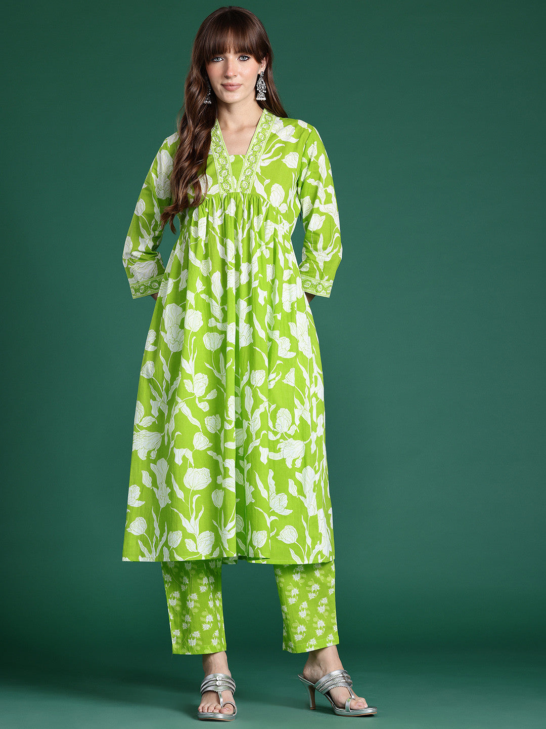 Floral Printed Empire Sequinned Pure Cotton Kurta with Trousers