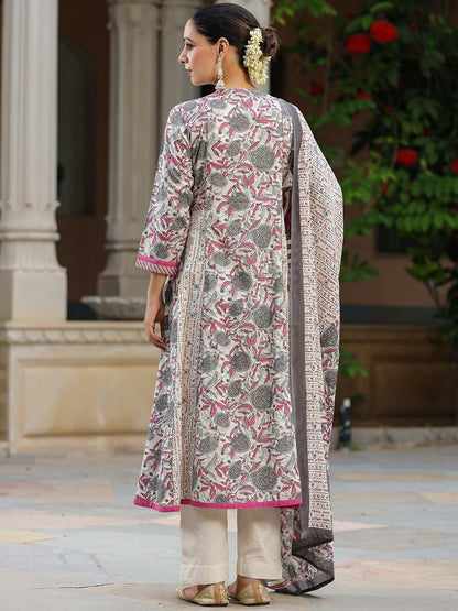 Dhiyona RR Women's Floral Printed Mirror Work Pure Cotton Kurta with Trousers & Dupatta