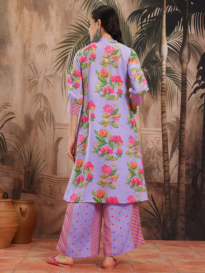 Floral Printed Band Collar A-Line Kurta with Palazzos