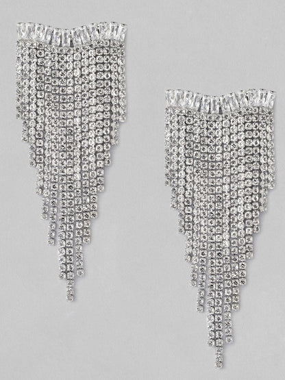 Dhiyona RJ Women's Silver Plated Crystal & AD Studded Shoulder Duster Glamorous Earrings