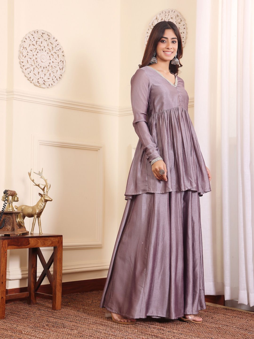 Dhiyona VA Women'sV-Neck Gotta Patti Long Sleeves A-Line Flared Kurta with Palazzo