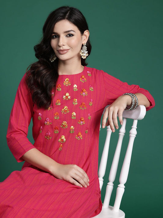 Dhiyona IE Floral Embroidered Thread Work Pure Cotton Kurta with Trousers