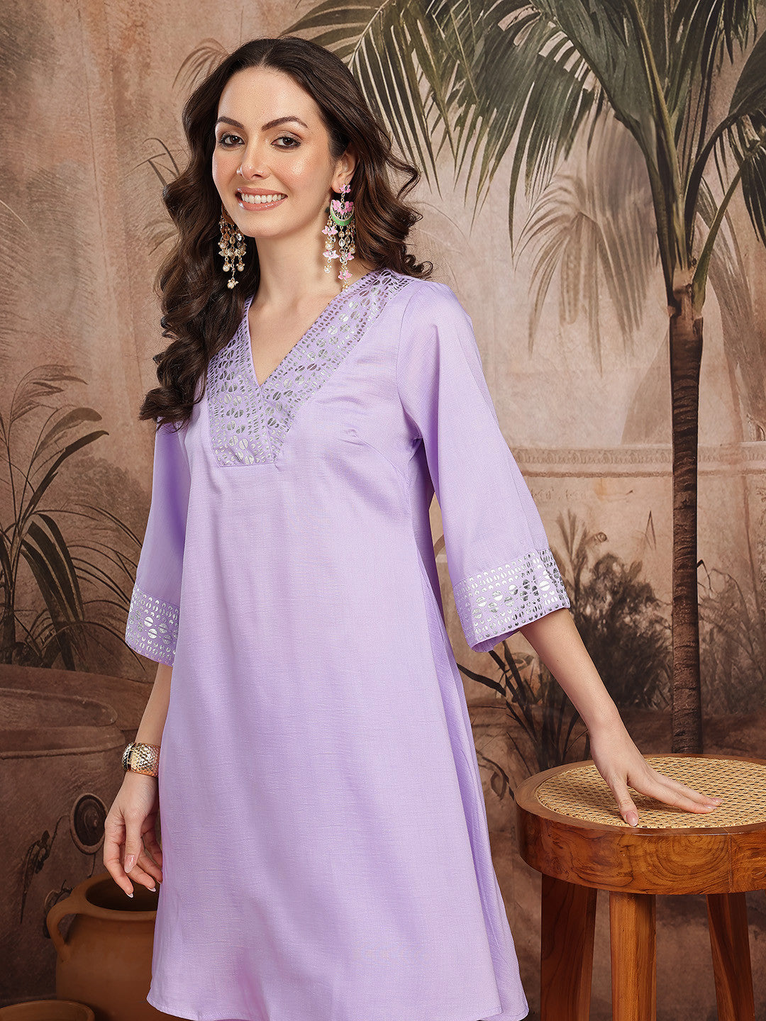 Geometric Yoke Design Foil Print A-Line Kurta with Salwar