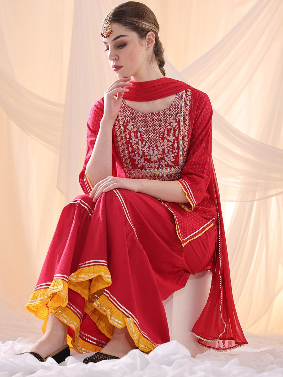 Dhiyona AN Floral Yoke Design Thread Work Pure Cotton Straight Kurta With Sharara & Dupatta