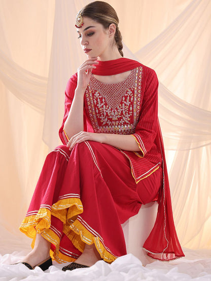 Dhiyona AN Floral Yoke Design Thread Work Pure Cotton Straight Kurta With Sharara & Dupatta