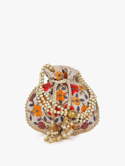 Dhiyona NR Girls Cream-Coloured & White Embroidered Tasselled Potli Clutch