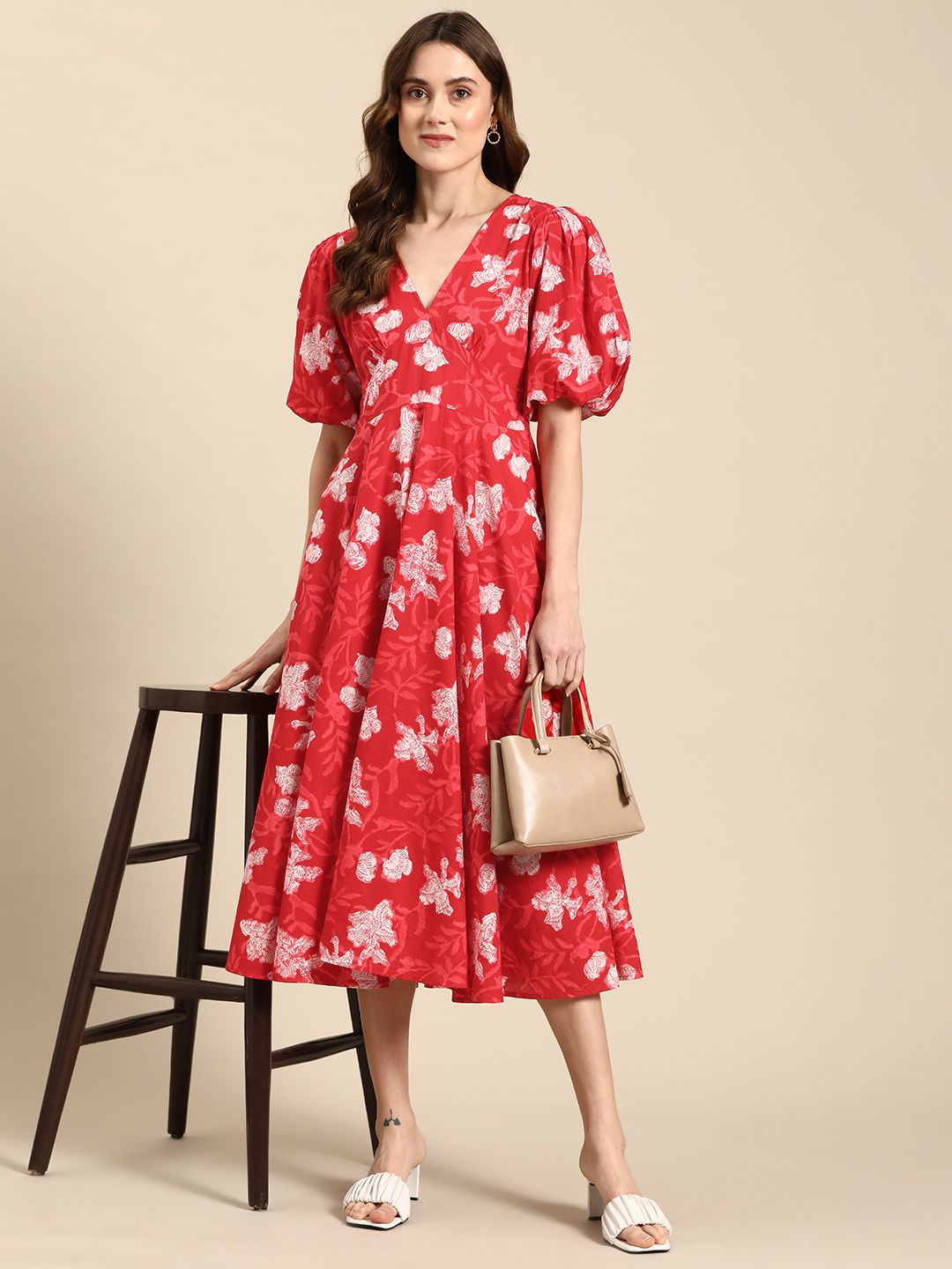 Dhiyona AY Women's Floral Print Puff Sleeves Pure Cotton A-Line Midi Dress
