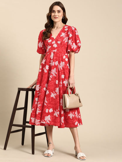 Dhiyona AY Women's Floral Print Puff Sleeves Pure Cotton A-Line Midi Dress