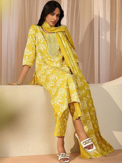 Lime Yellow Floral Printed Cotton Straight Suit Set