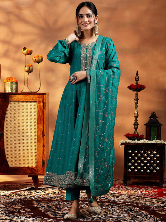 Womens Green Embroidered Anarkali Kurta With Trousers & Dupatta
