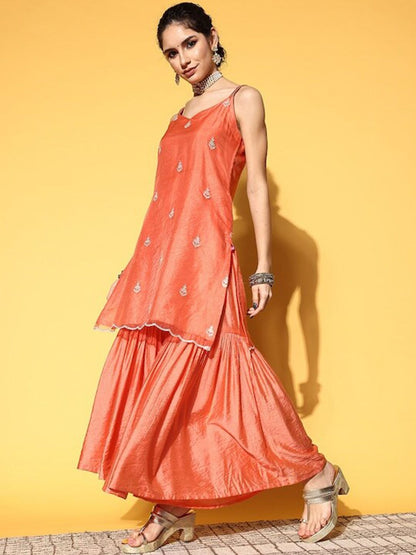 Dhiyona VA Ethnic Motifs Embroidered Thread Work Kurta with Sharara & Dupatta