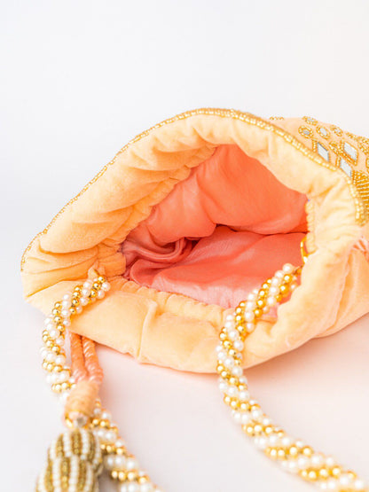 Dhiyona NR Women Peach-Coloured & Gold-Toned Embroidered Potli Clutch