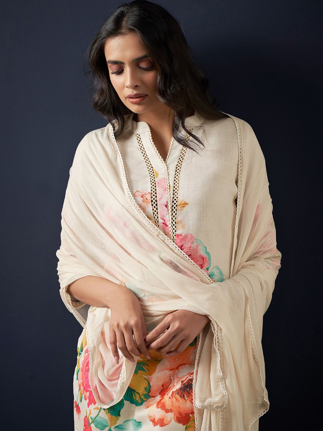 Dhiyona IE Floral Printed Beads and Stones Linen Straight Kurta with Trousers & Dupatta