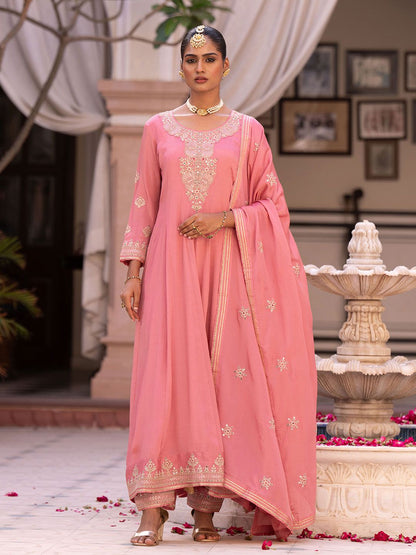 Dhiyona CH Women Floral Embroidered Pleated Mirror Work Kurta with Trousers & Dupatta