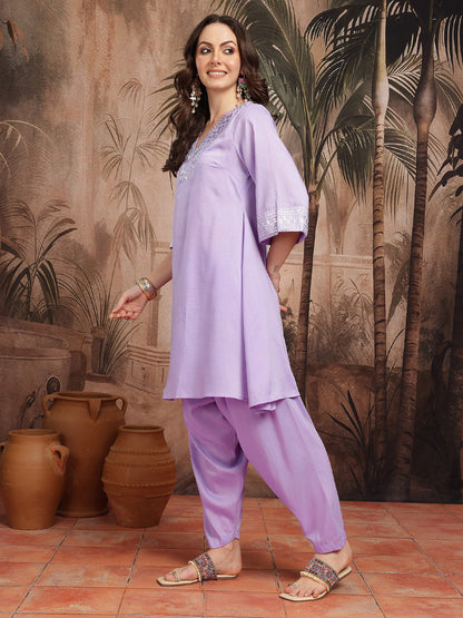 Geometric Yoke Design Foil Print A-Line Kurta with Salwar