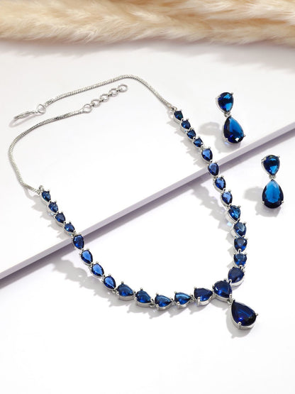Dhiyona RJ Women's Rhodium Plated Blue Sapphire & Cubic Zirconia Studded Jewellery Set