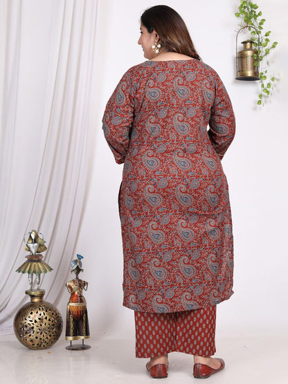 Dhiyona KL Plus Size Paisley Printed Pure Cotton Kurta with Trousers & Dupatta