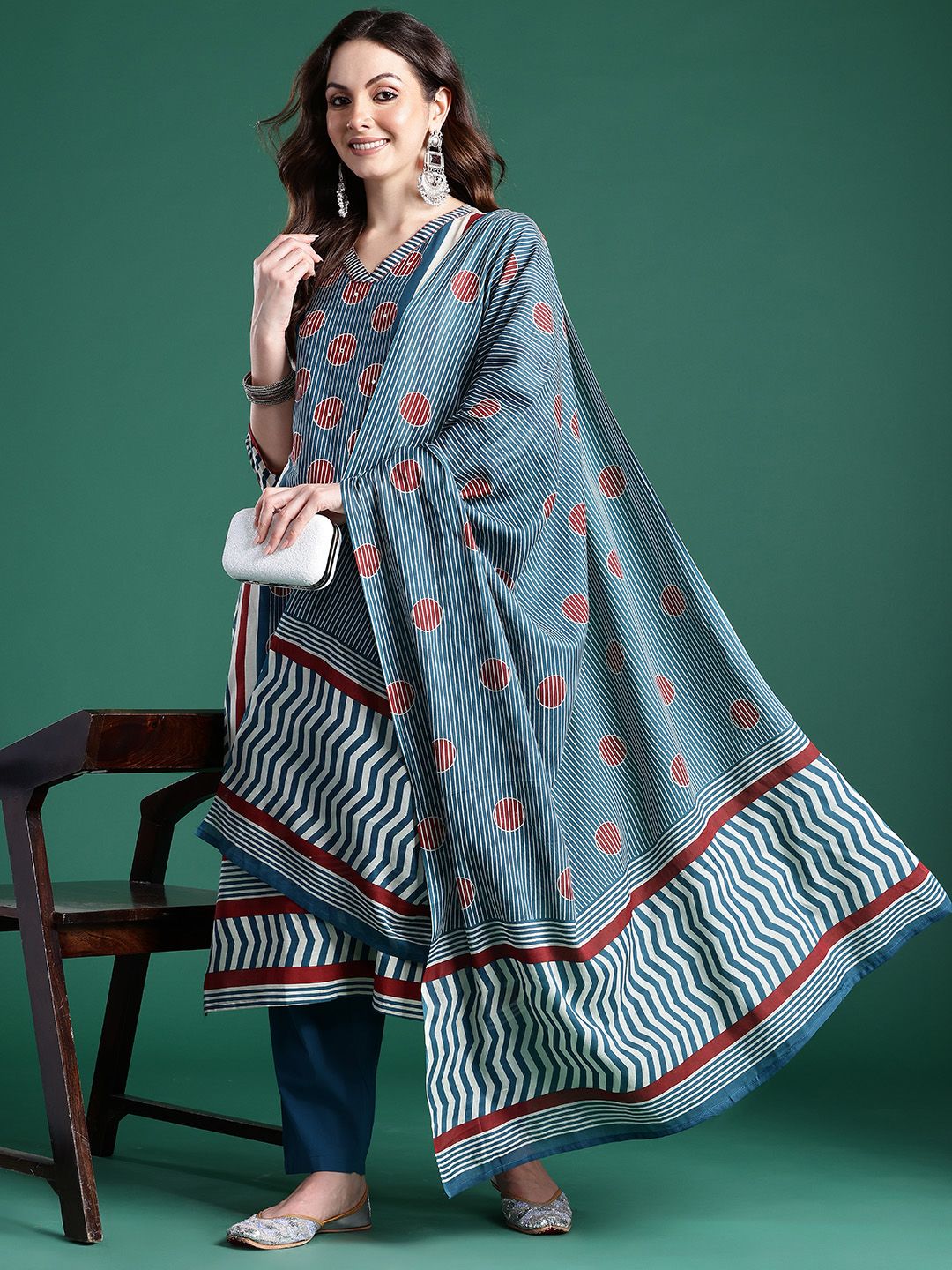 Dhiyona IE Striped Pure Cotton Kurta With Trousers & Dupatta