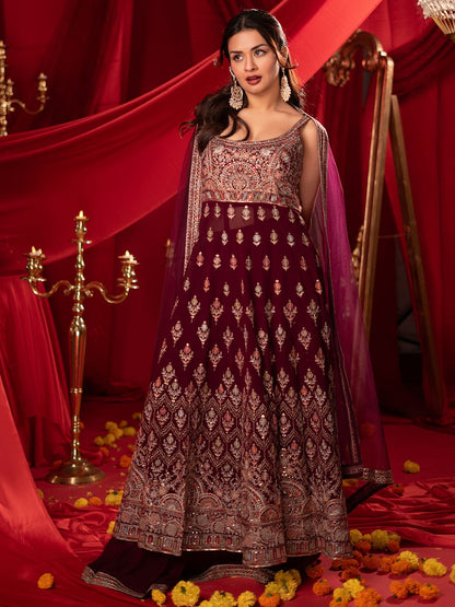 Dhiyona LL Floral Embroidered Beaded Georgette A-Line Kurta With Palazzos & Dupatta