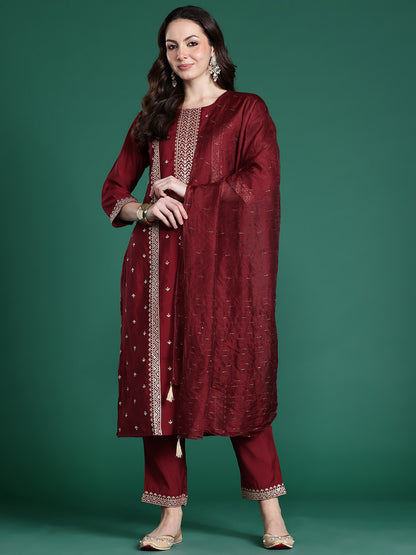 Ethnic Motifs Embroidered Kurta with Trousers & Dupatta
