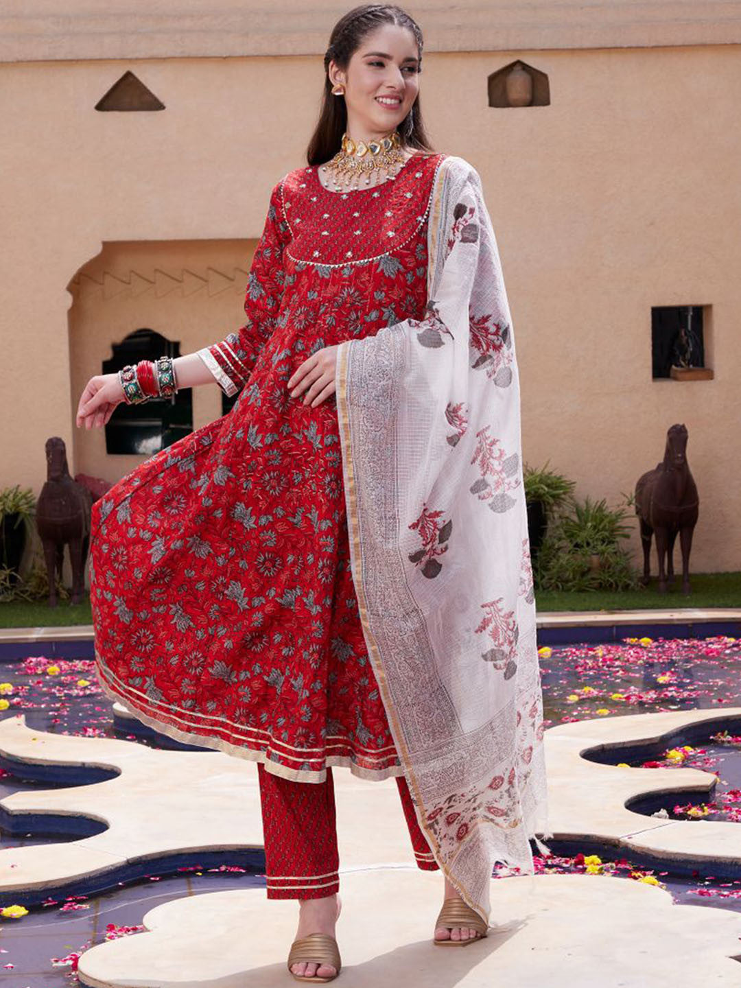 Red Floral Printed Mirror Work Pure Cotton A-Line Kurta Set