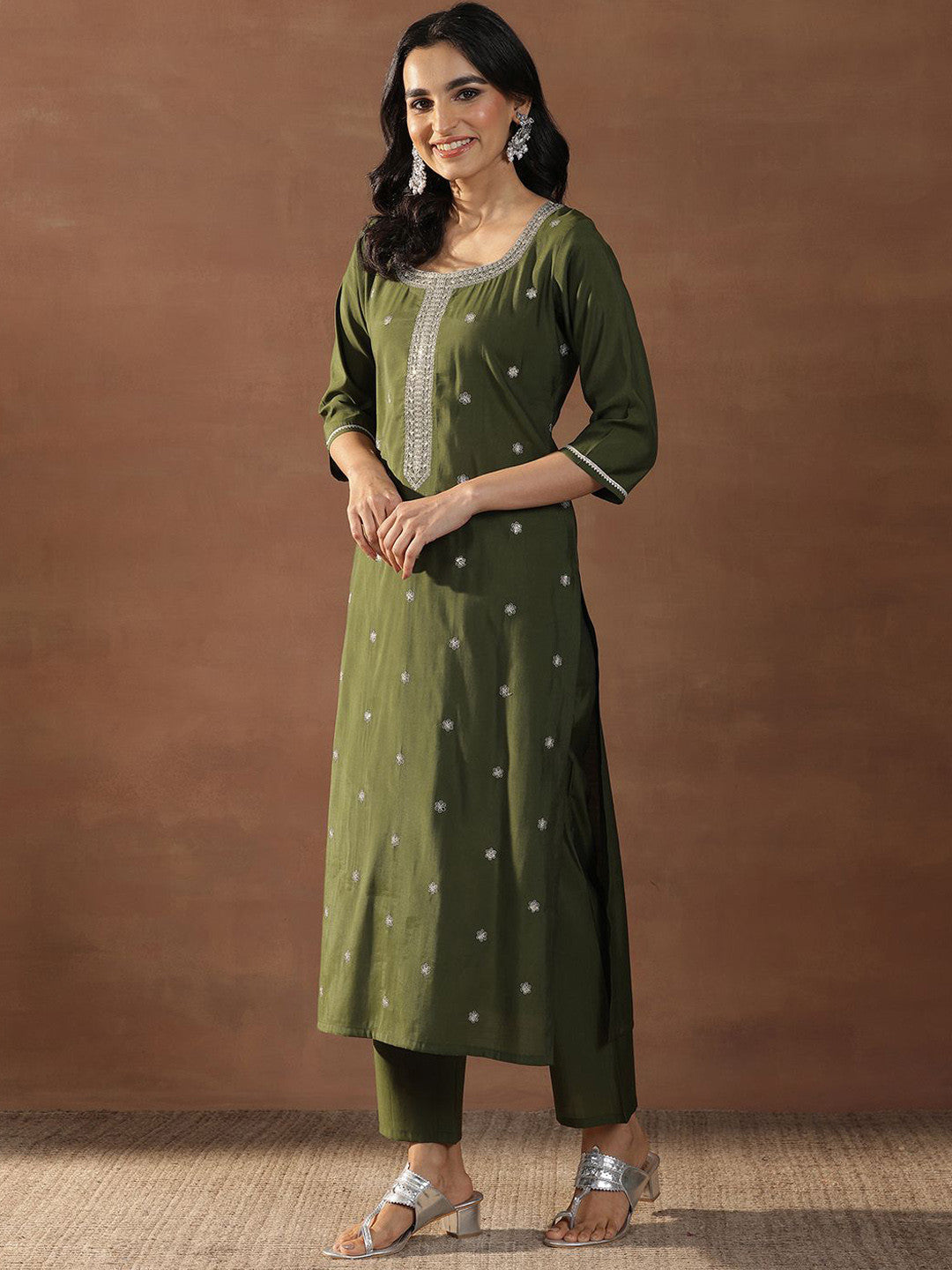 Olive Green Floral Embroidered Sequinned Straight Kurta With Trousers & Dupatta