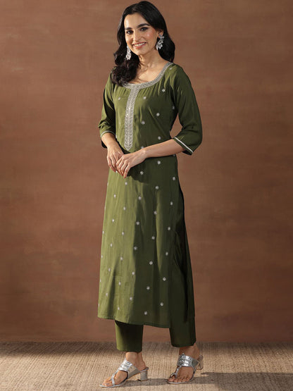 Olive Green Floral Embroidered Sequinned Straight Kurta With Trousers & Dupatta