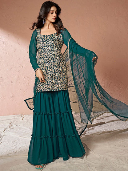 Dhiyona IN Teal Floral Embroidered Sequinned Georgette Kurta With Sharara & Dupatta