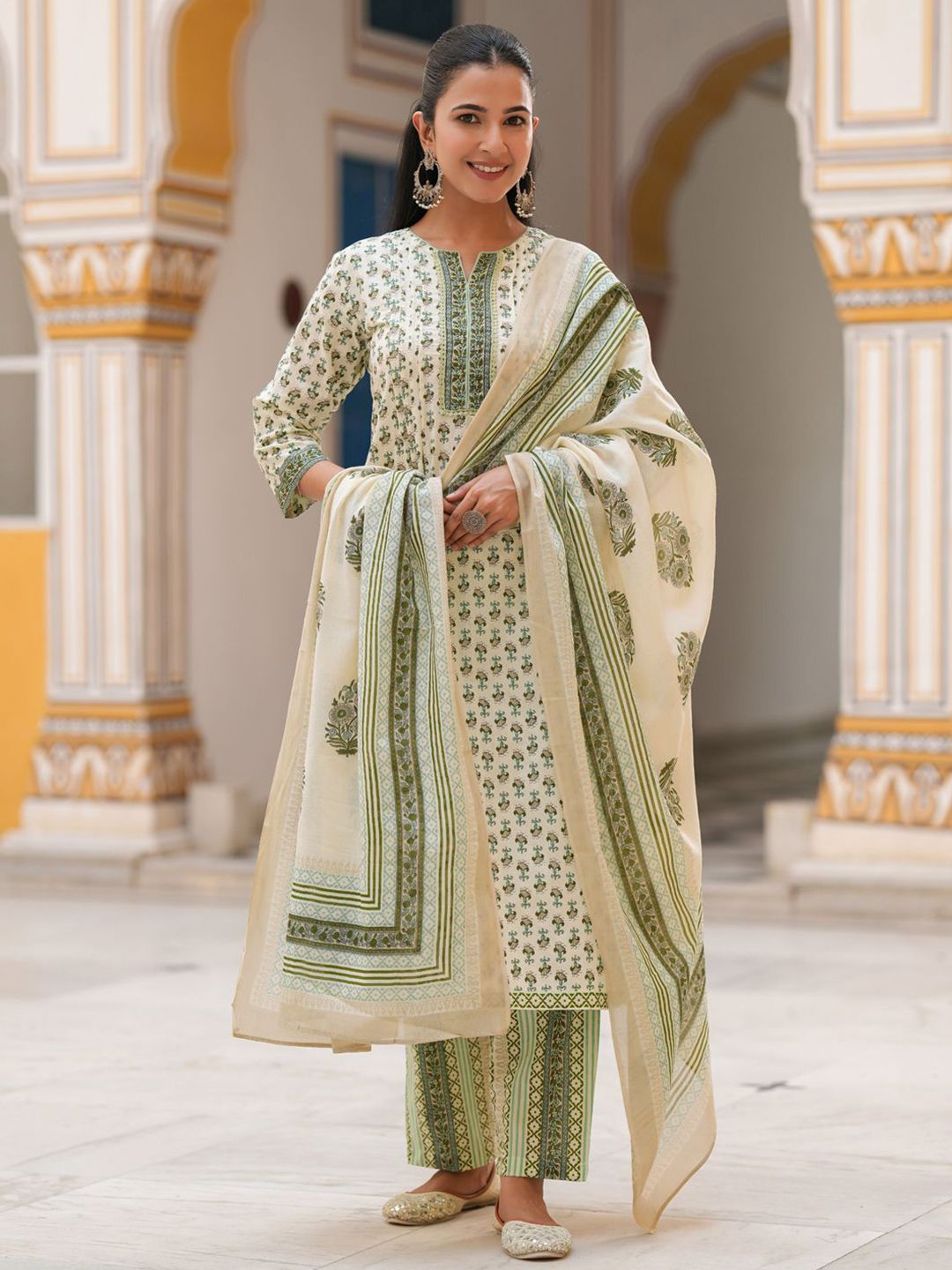 Dhiyona RR Women's Printed Sequinned Pure Cotton Kurta with Trousers & Dupatta
