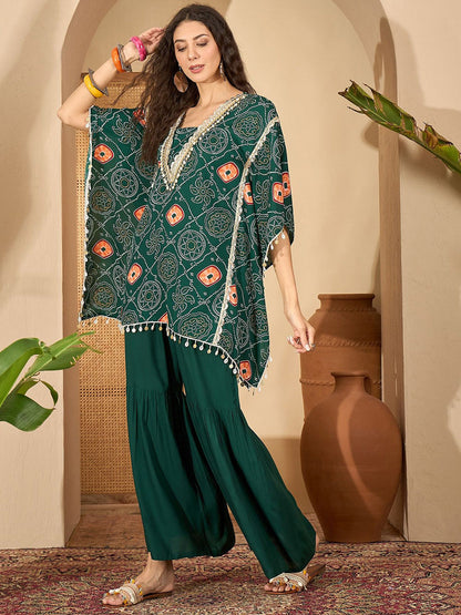 bandhani Printed Square Neck Beads And Stones Kaftan Kurti With Sharara