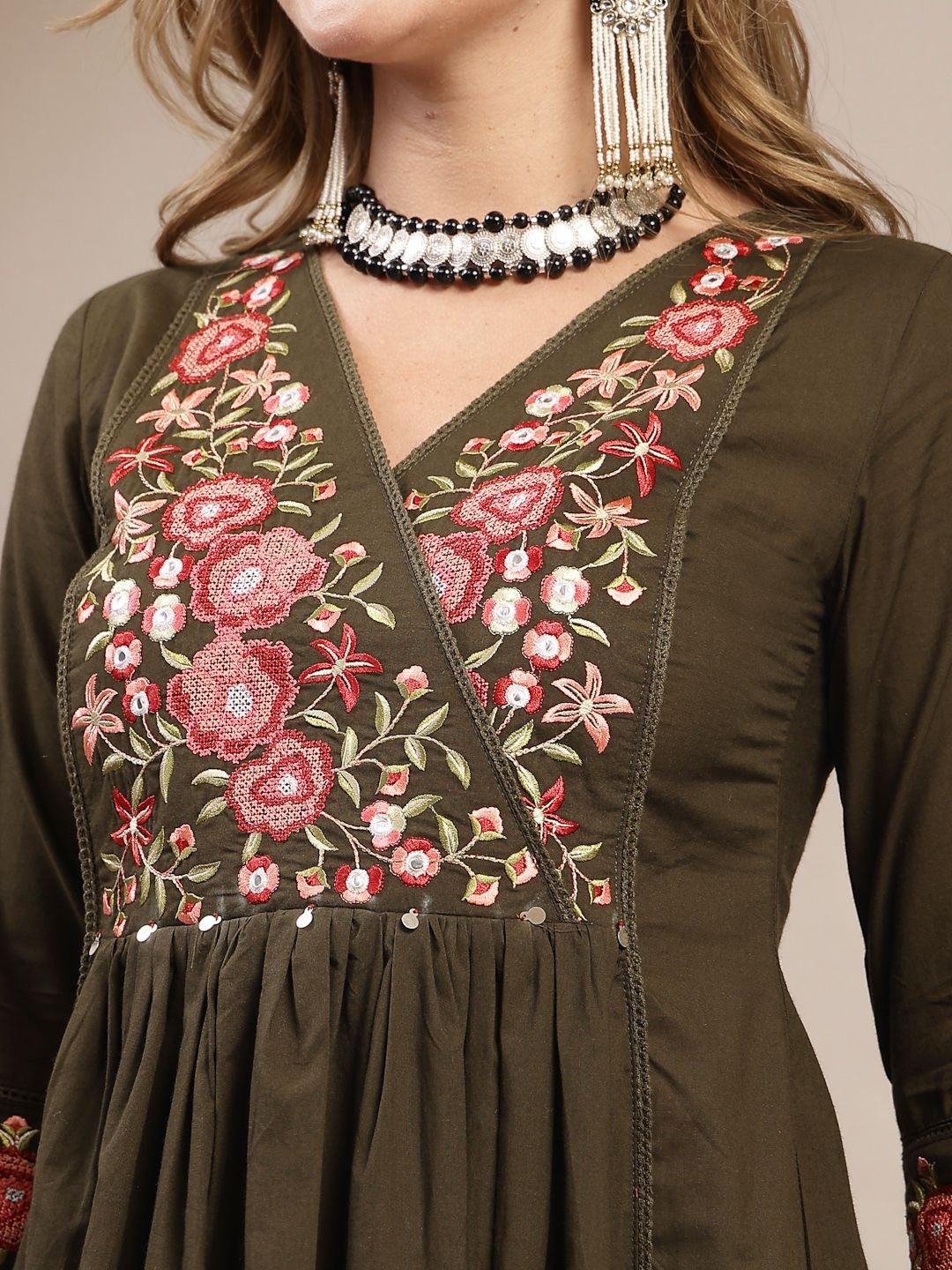 Women Floral Embroidered Angrakha Thread Work Pure Cotton Kurta with Palazzos & With Dupatta