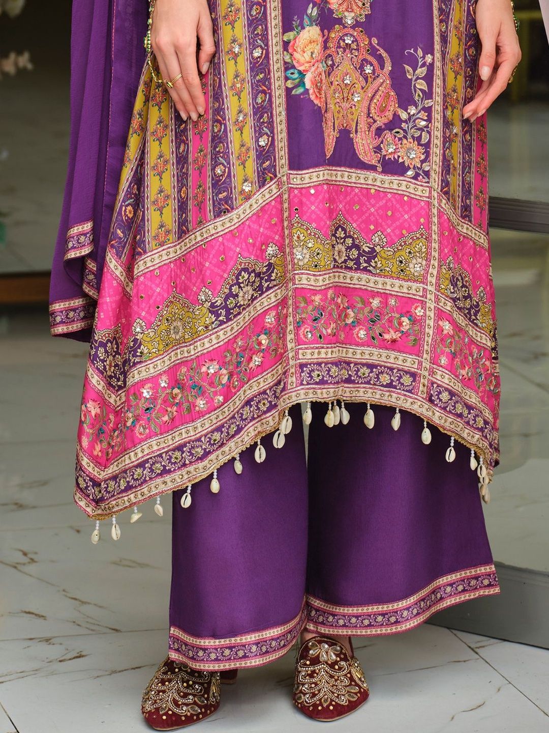 Dhiyona IE Ethnic Motifs Printed Round Neck Mirror Work Silk Kurta With Palazzos & Dupatta