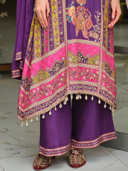 Dhiyona IE Ethnic Motifs Printed Round Neck Mirror Work Silk Kurta With Palazzos & Dupatta