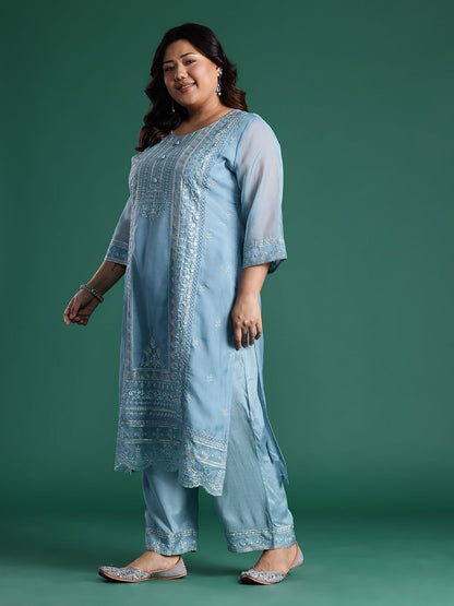Dhiyona Women's Embroidered Sequinned Kurta With Trousers & Dupatta
