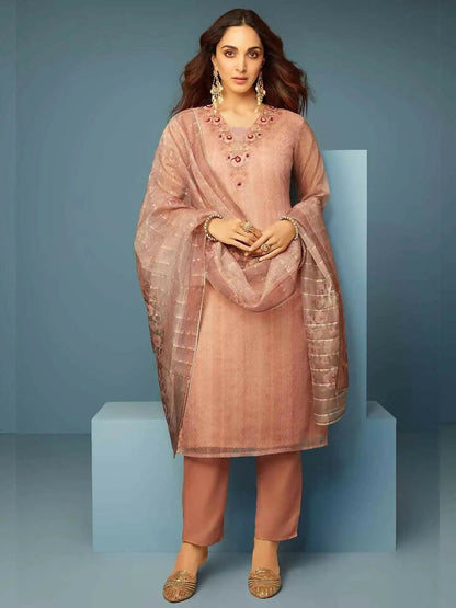 Women's LB Pink Printed Organza Straight Suit With Dupatta