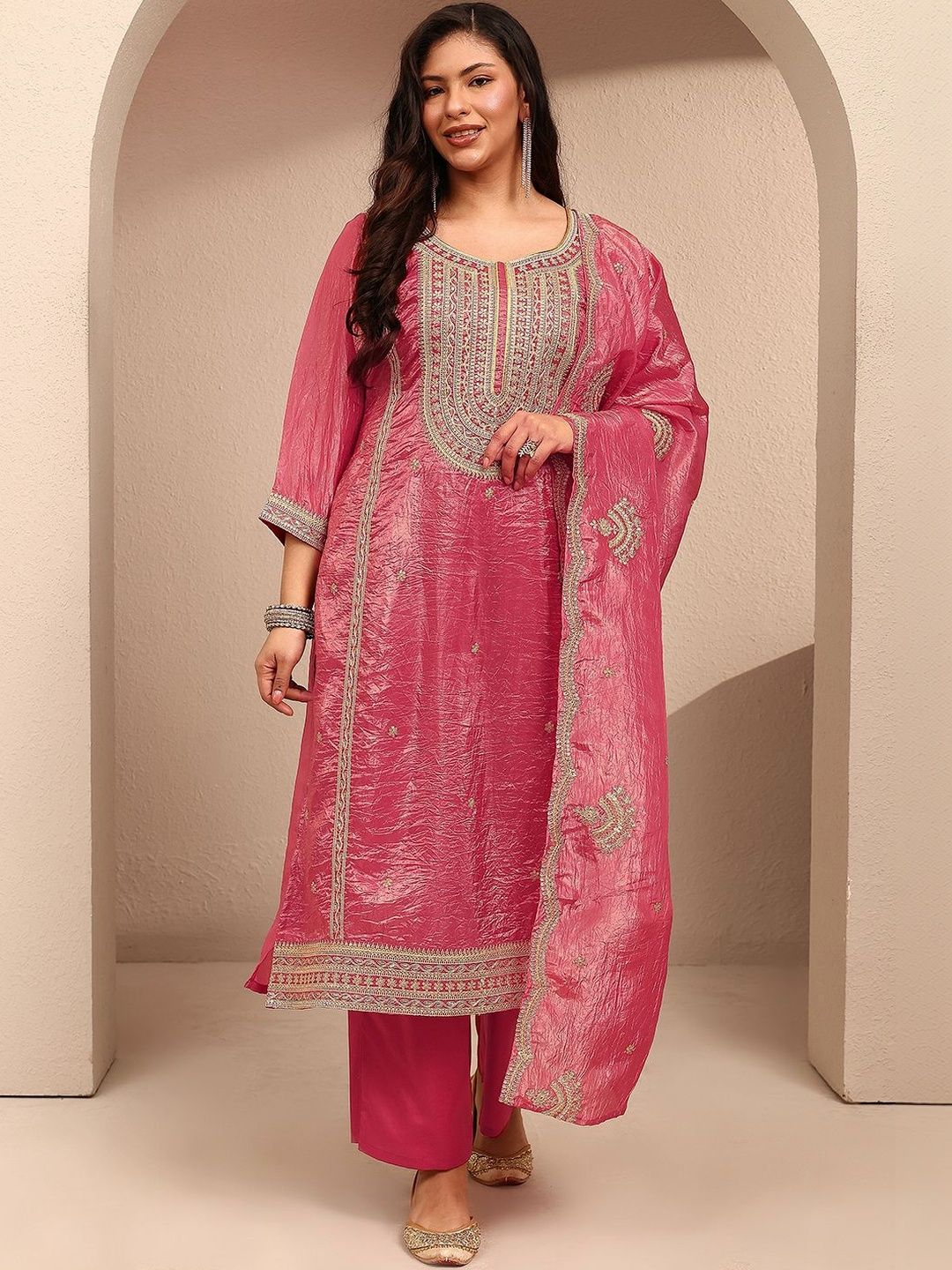Dhiyona Women's Ethnic Motifs Embroidered Regular Thread Work Kurta with Palazzos & With Dupatta